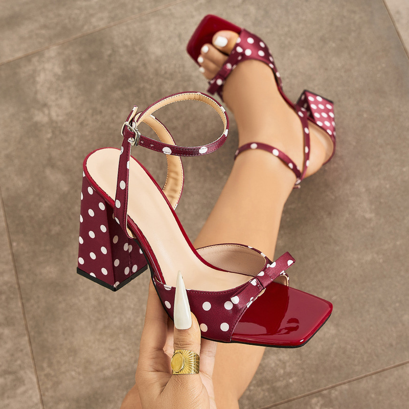 Women's high-heeled sandals with classic polka dots, silk texture, exquisite bow design, gentle and elegant, college style high heels