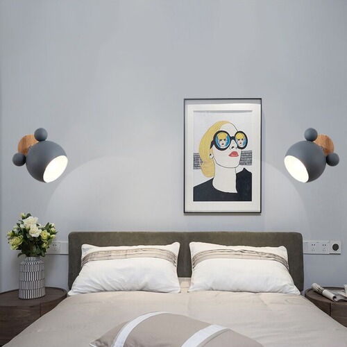 Nordic creative macaron wall lamp, simple and personalized bedroom, Mickey log cartoon, warm children's room bedside lamp