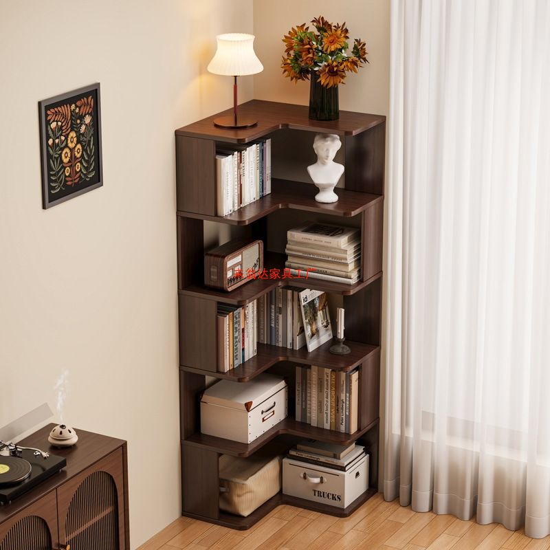 Solid Wood Corner Bookshelf Floor-Standing Storage Rack Integrated Wall-Mounted Simple Bookcase Storage Home Living Room Corner Storage Cabinet