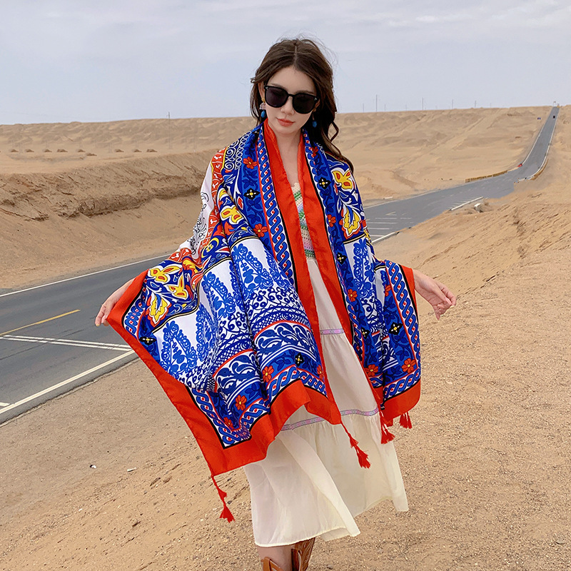 2023 verano y otoño nuevo desierto estilo étnico viaje capa algodón y lino sensación bufanda de seda desgaste exterior protector solar chal fino para las mujeres