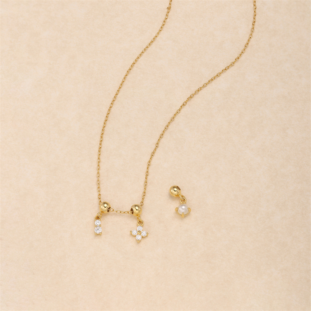 Geometric Pattern 925 Sterling Silver Zircon Cable Chain Plating Geometric Multi Charms Necklace