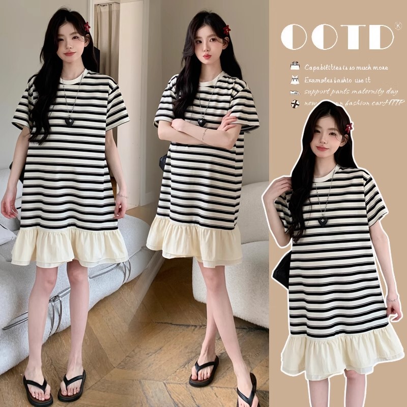 Maternity Dress Summer 2025 New French Stripesd Short-Sleeved Slimming Look Small Splicing T-Shirt Maternity Dress Skirt