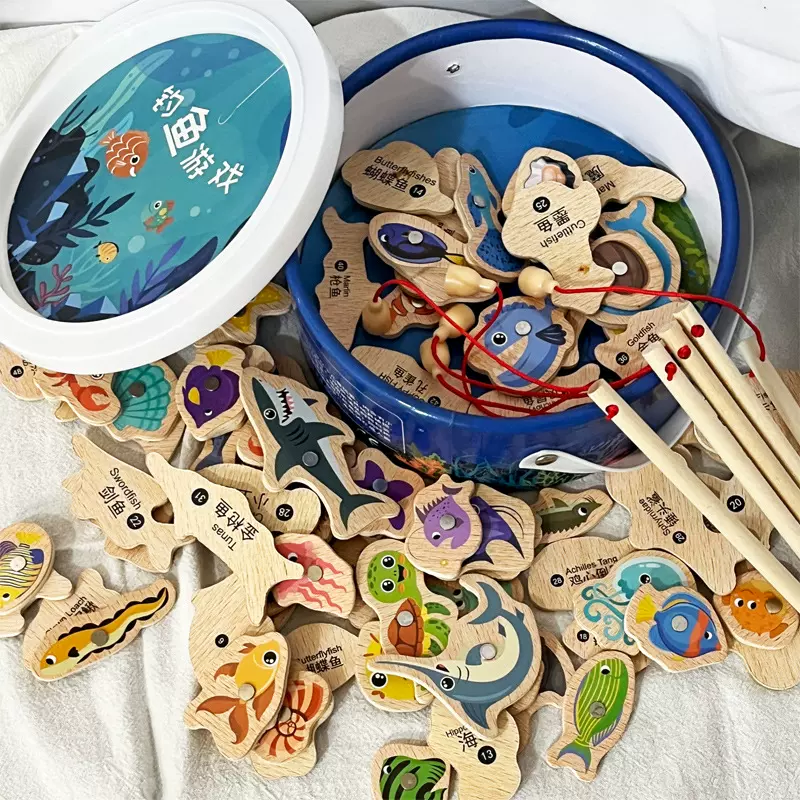 木制桶装磁性钓鱼玩具益智早教认知儿童磁性鱼一岁宝宝益智玩具