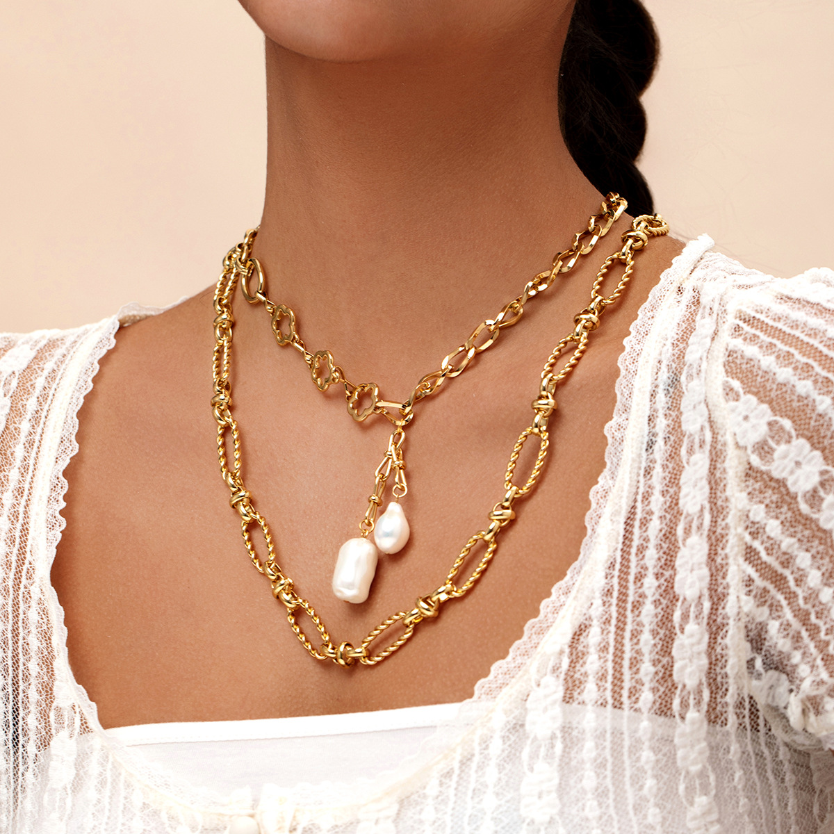 Artificial Pearls Pendant Material Double Layer Necklaces Classification Wholesale Jewelry Baroque Style Modern Style Geometric Titanium Steel Plating Double Layer Necklaces