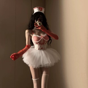 Drunk Cellar Sex Underwear Pure Desire cos Nurse Uniform Lace Bow Heart-Shaped Perspective Body Clothes Sexy suit