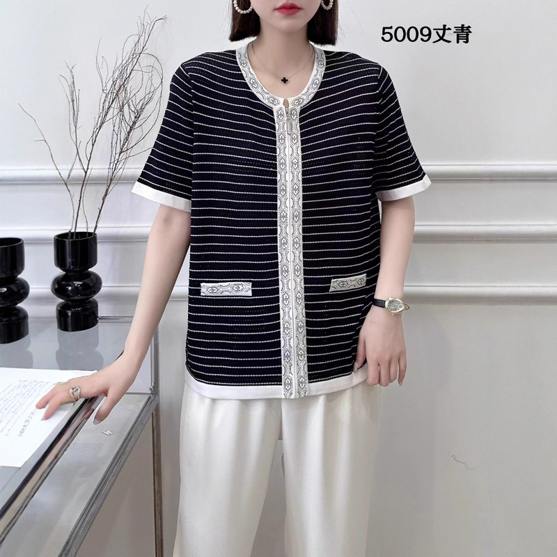 2025 Summer New Style Chanel-Inspired Striped Round-Neck Loose Short Knit Cardigan Top for Middle-Aged and Elderly Women 2025 Summer New Style Chanel-Inspired Striped Round-Neck Loose Short Knit Cardigan Top for Middle-Aged and Elderly Women