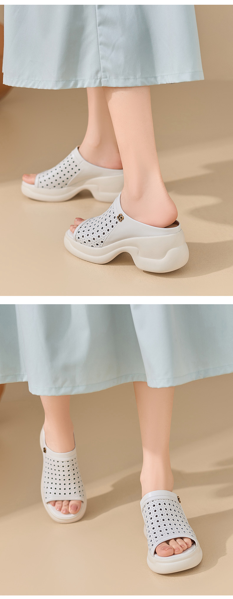 Dép sandal nữ da bò đục lỗ đế bánh xốp dày gót cao nhẹ — màu trắng ngà chi tiết 7
