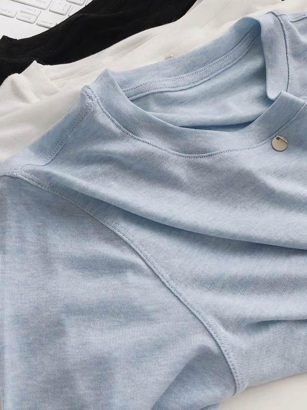 軽くて通気性が高く、柔らかくワックス状のリヨセルテンセルTシャツ、涼しく、ゆったり、カジュアル、多用途、女性用のホワイトラウンドネックマスクトップ|undefined