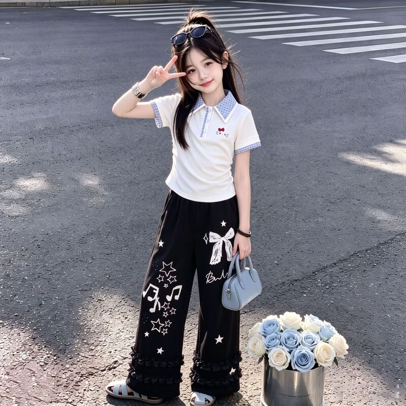 2026 New Summer Style Sweet Hello Kitty Short-Sleeved Polo Shirt with Lace Wide-Leg Pants, Casual and Comfortable Two-Piece Set 2026 New Summer Style Sweet Hello Kitty Short-Sleeved Polo Shirt with Lace Wide-Leg Pants, Casual and Comfortable Two-Piece Set
