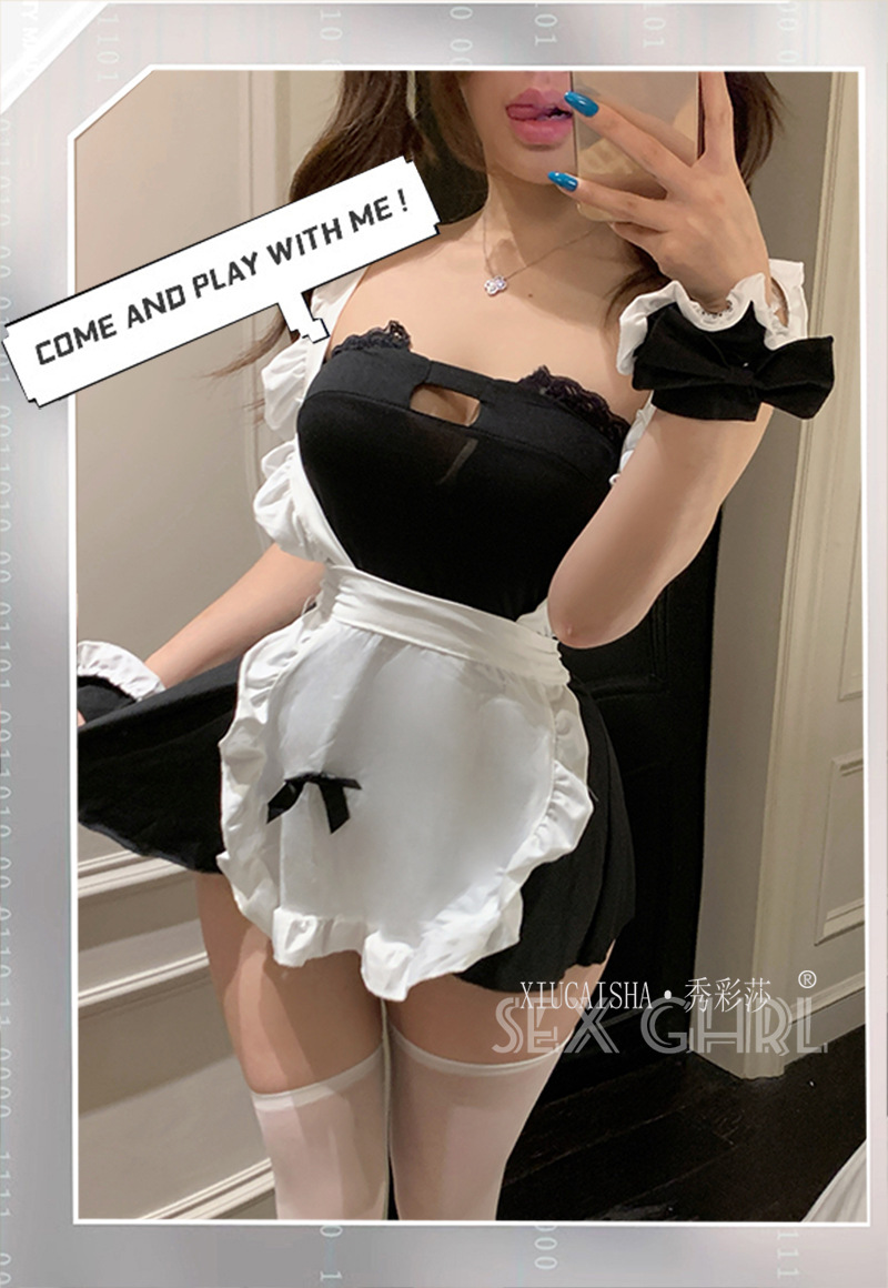 Maid Role-Play Lingerie Set with Apron, Headpiece, Wristbands, Thong and Stockings — detail image 10