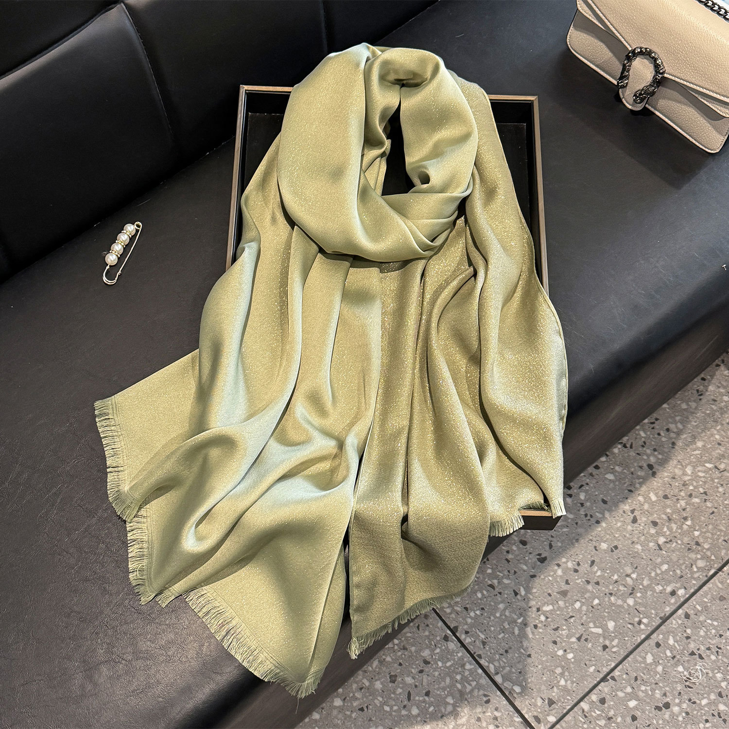 Women's Silk Scarf With Gold Thread Solid Colour Long Beach Wrap_voghion.com