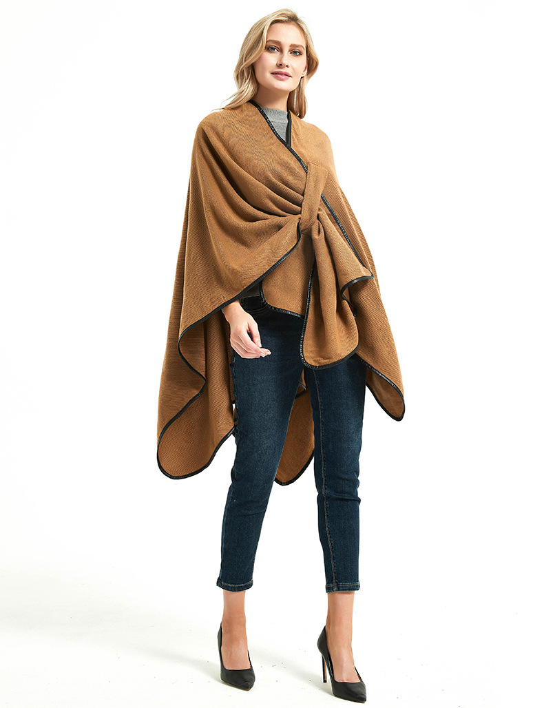 Unisex Fashion acrylic women's shawl clasp leather edge Solid camel split shawl_voghion.com