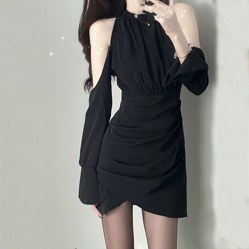 Pure Desire Style Shoulder-exposed Sweet Neck-hanging dress Women's Early Autumn New Long-sleeved Elegant Hot Girl's Slimming Short Skirt