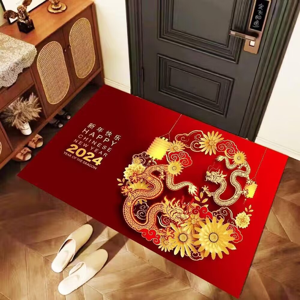 New 2024 Year of the Dragon Entryway Doormat, Modern Chinese-style Hallway Foot Mat in Festive Red—Large Carpet Design