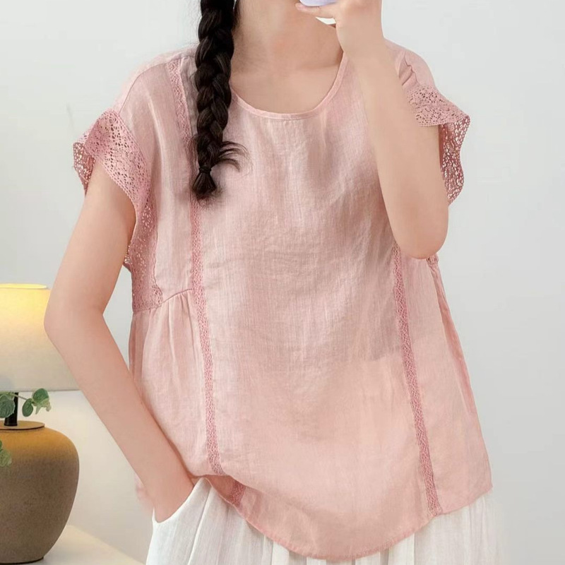 Ramie Lace Patchwork Flutter Sleeve Shirt 2026 Artistic Mori Girl Style Round Neck Solid Color Lightweight Versatile Loose Top Ramie Lace Patchwork Flutter Sleeve Shirt 2026 Artistic Mori Girl Style Round Neck Solid Color Lightweight Versatile Loose Top