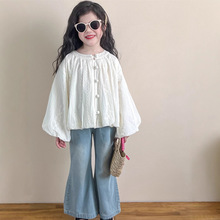 童装女童韩系温柔盘扣蕾丝泡泡灯笼袖衬衫上衣儿童牛仔喇叭裤外贸