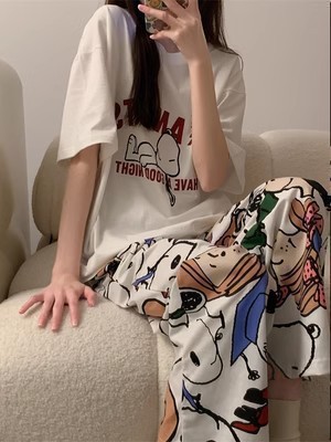 2025 pijamas de mangas cortas de mujer pantalones largos de verano delgados dibujos animados casuales lindos ropa de casa de viento rojo se puede usar fuera