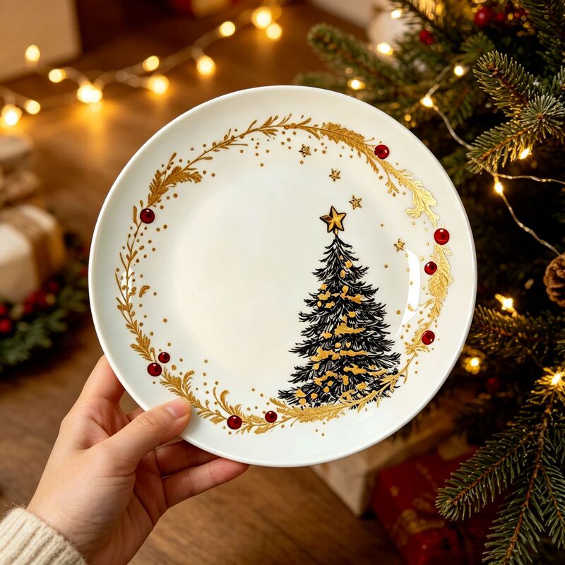 Christmas-Themed Ceramic Plate with Red and Green Hanging Ornaments and Pine Branch Pattern, Flat Plate for Home, Hotel, Restaurant, Holiday Atmosphere Tableware