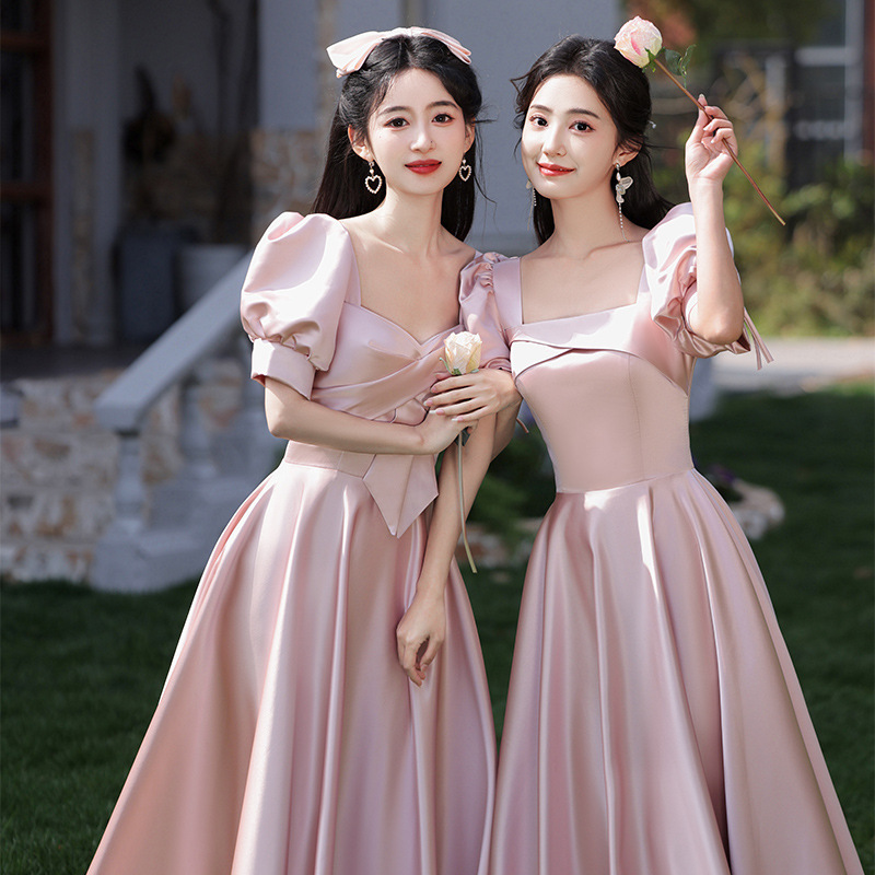Pink Satin Bridesmaid Dress for Women 2025 New Niche High-End French Wedding Sister Group Dress Skirt Can Be Worn at Ordinary Times