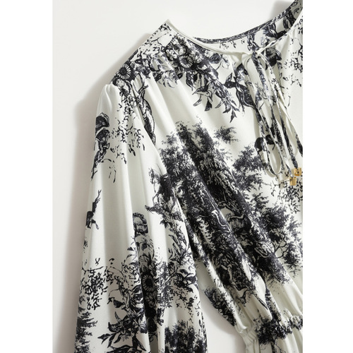 The exquisite and elegant mysterious garden pencil sketch steel pen dress with elastic crepe 23mm silk lantern sleeves