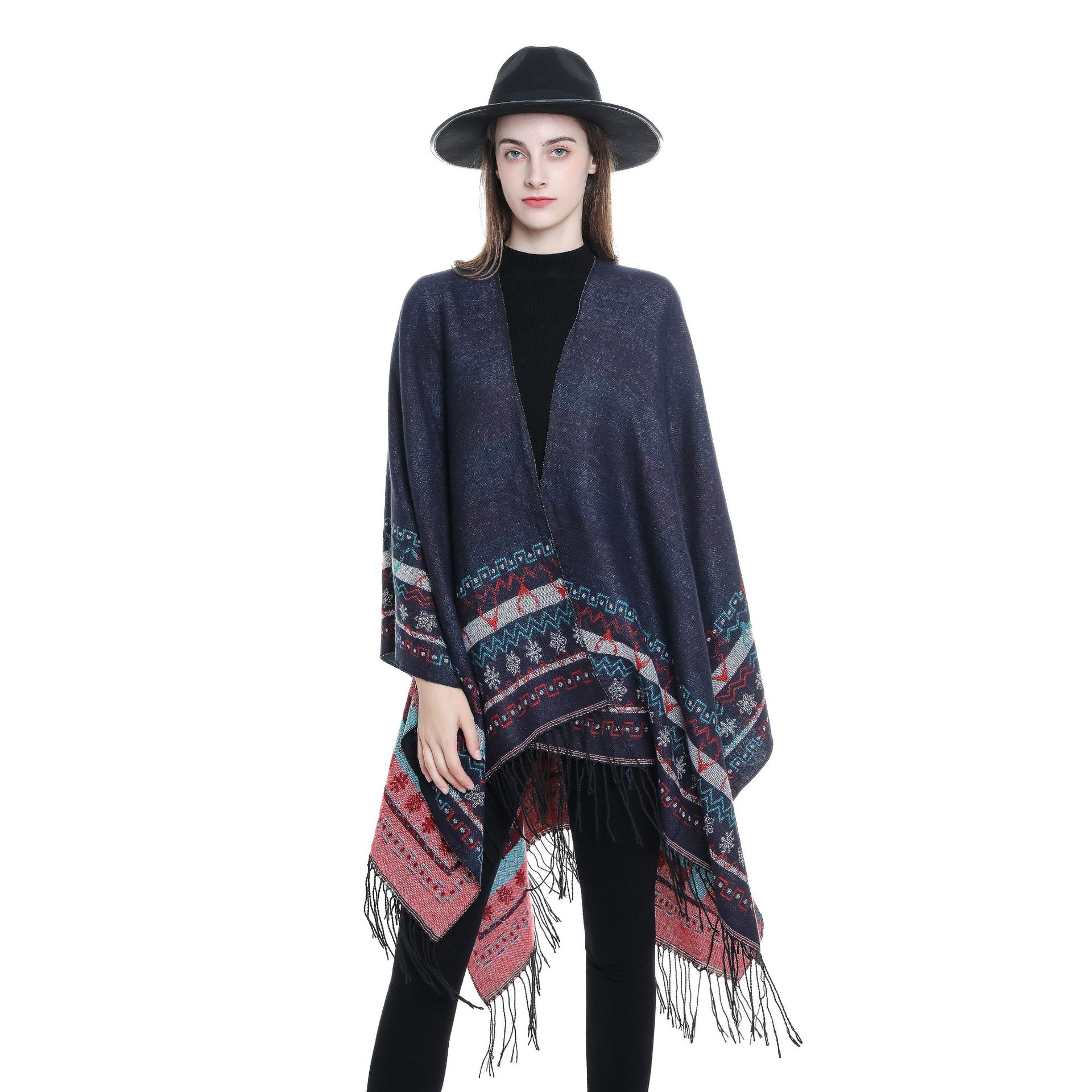 2024 otoño y invierno Navidad muñeco de nieve patrón bordilla nacional simple doble cara bufandas multifacéticas capa chal