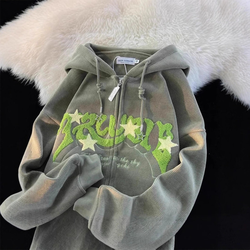 American Retro Embroidered Corduroy Jacket for Women Spring and Autumn Thin College Style Loose Sweatshirt Couple Cardigan Jacket