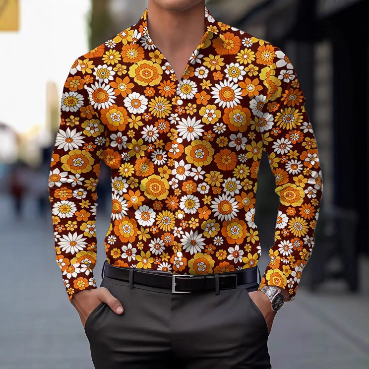 Popular Men's Long-Sleeved Shirts, 70S Disco Digital Print Shirts, Spring and Autumn Casual Fashion