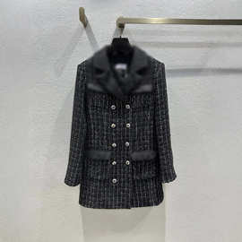 2025秋冬Chane新品双C缎面翻领双排扣粗花呢中长款羊毛呢外套女