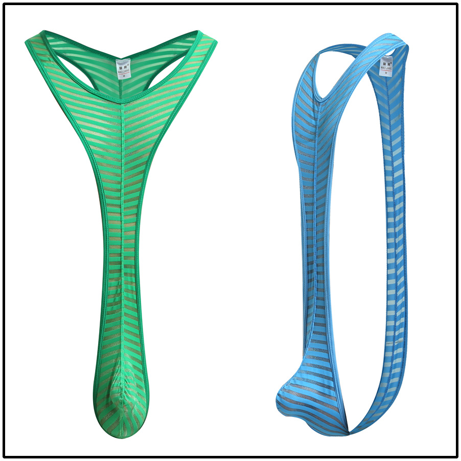 Amazon Cross Border Men's Underwear Ice Silk Striped Jumpsuit Thong Beach Sexy Thong 2105