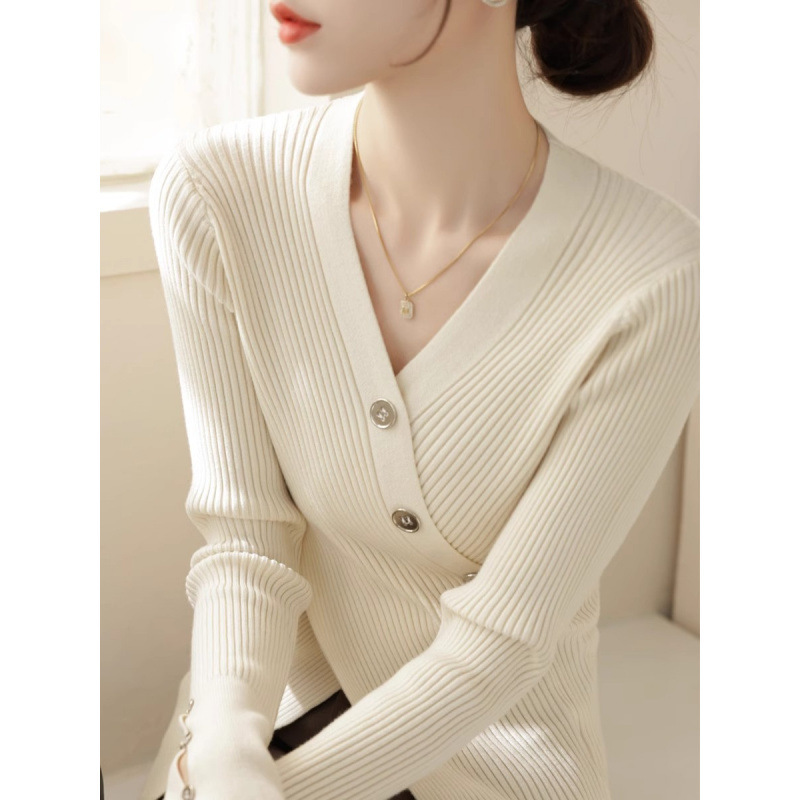 Collar Cross Button Slit Lazy Style Knitwear Women's Autumn and Winter New Long-Sleeved High-End Super Nice Bottoming Top