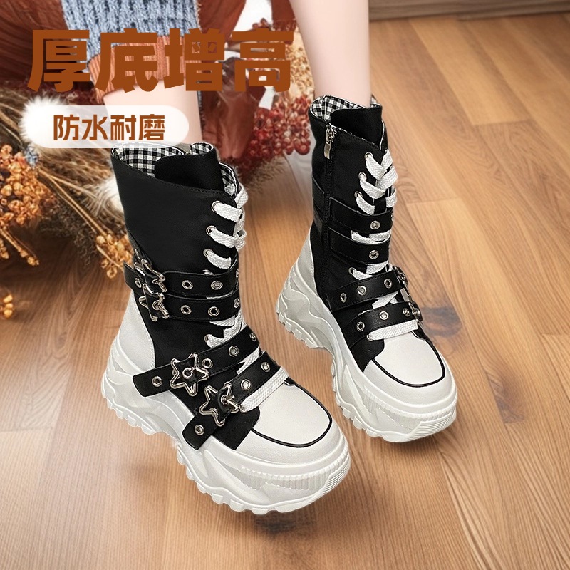 European and American Cross-Border Thick-Soled Boots for Women in Autumn and Winter New Round Toe Belt Buckle Motorcycle Boots with Straps for Women Large Size Ready in Stock