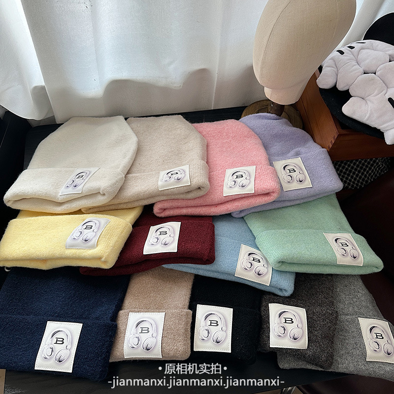 多色新款耳机贴布针织帽秋冬保暖日常百搭大头围宽松堆堆帽冷帽女|undefined