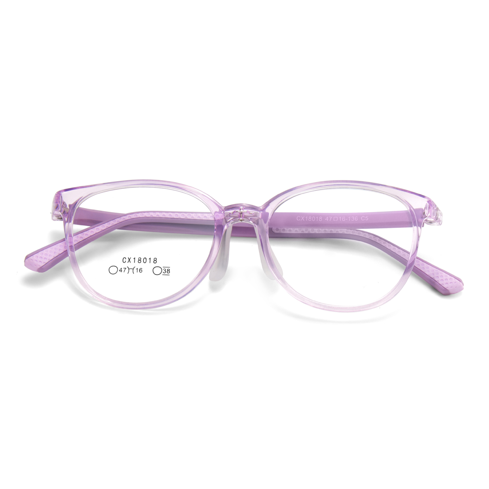 Montura de gafas infantiles translúcidas de color morado con almohadillas nasales de silicona ajustables, se pueden adaptar con lentes graduadas, venta al por mayor desde Danyang.