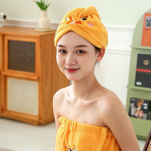 Hair Drying Cap New Coral Velvet Shower Cap Cute Cartoon Little Yellow Duck Tube Top Bath Dress Headband Hand Towel Set