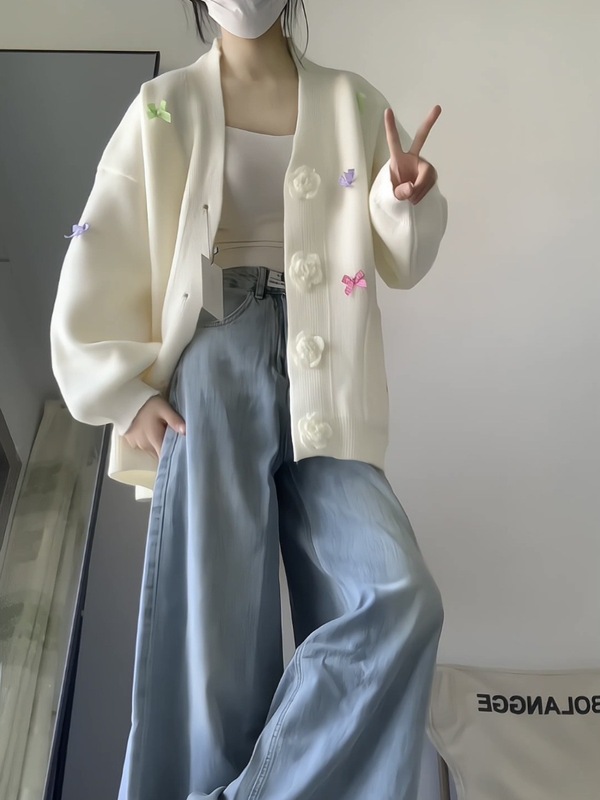 韩系奶fufu蝴蝶结针织开衫女秋新款小众设计感宽松软糯毛衣外套|undefined