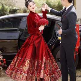 红色马面裙新娘敬酒服2023冬季新款中式婚服上衣半身裙订婚套装