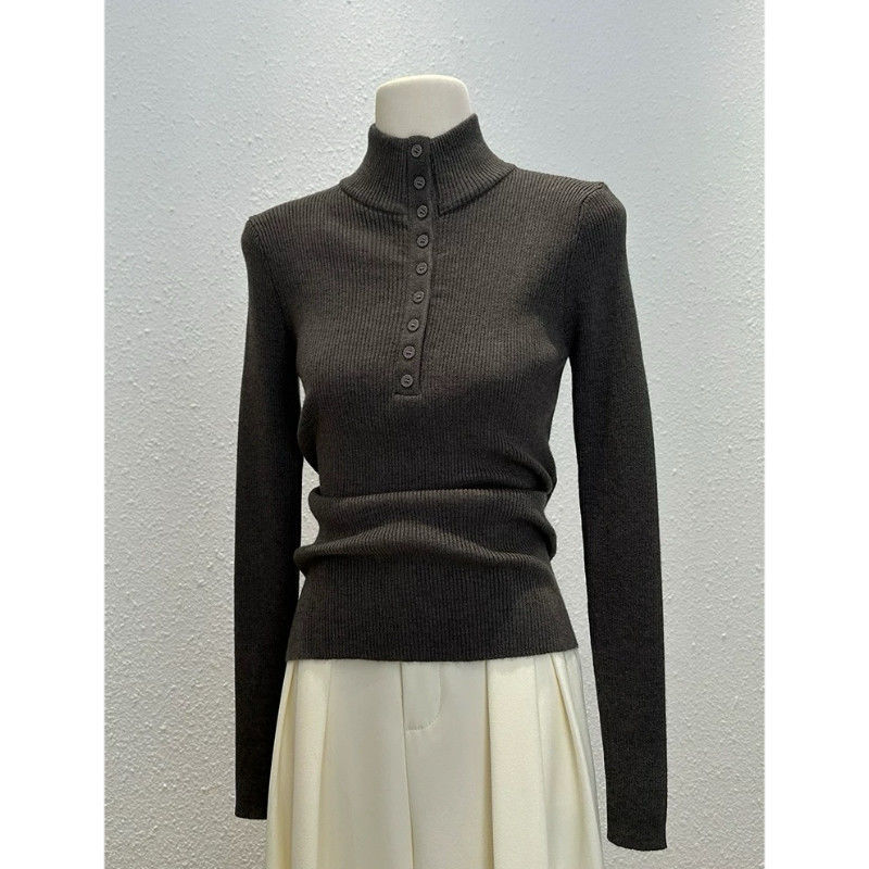 半开领纽扣正肩针织衫女秋冬新款修身打底衫内搭上衣