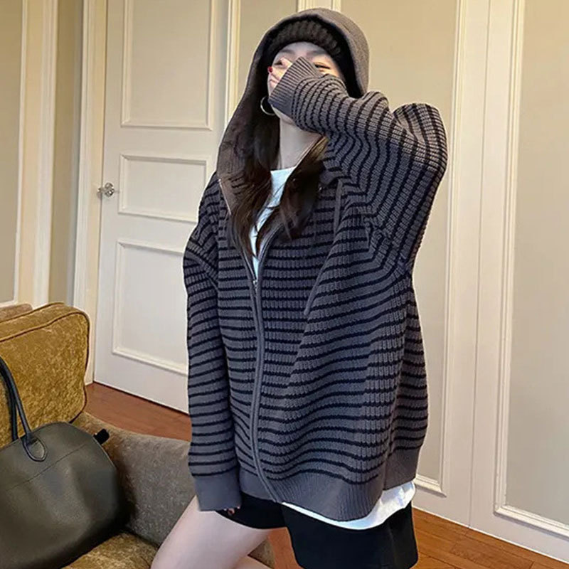 韩版休闲温柔风撞色条纹连帽针织开衫女秋冬新款宽松上衣毛衣外套|undefined