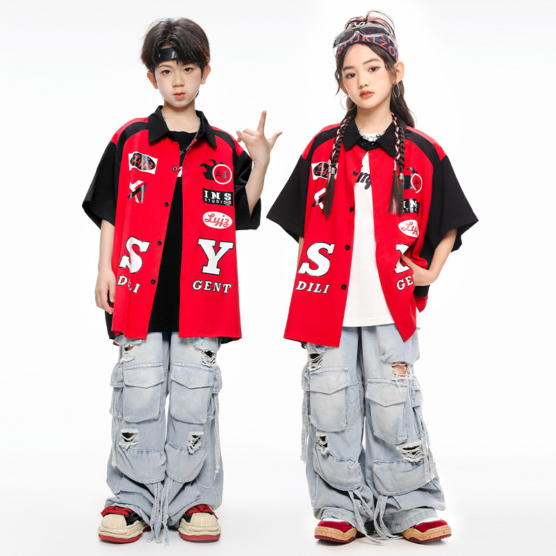 Hip Hop Children's Fashion Clothing Hip Hop Fashion Brand Boys and Girls Short-sleeved Motorcycle Shirt suit hiphop Fashion Cool Performance Clothing