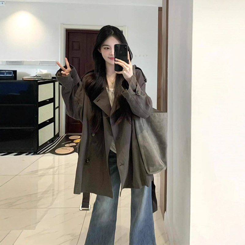 Brown Trench Coat for Petite Women, 2025 Autumn New Thin Korean Style with a High-End Feel, Mid-Length Korean Style