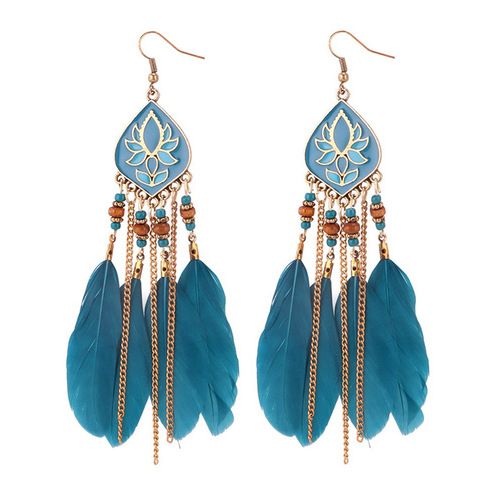 Cross-border E-commerce Supply Bohemian Feather Long Drop Earrings Personalized Chain Tassel Earring Hook Red Bridal Earrings