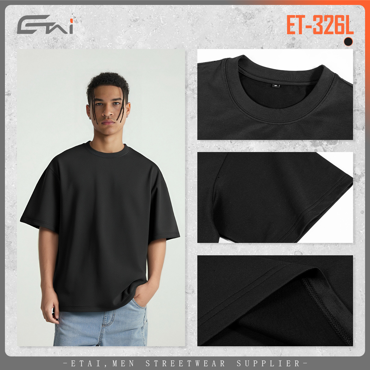 ETAI para hombre | Camiseta de cuello redondo para hombre de manga corta pesada boxy tejida de imitación de color sólido transfronterizo de alta calidad corta y ancha para hombre