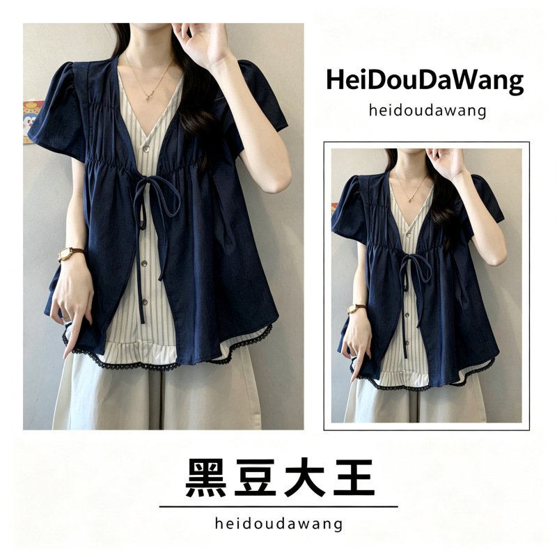 Stylish faux two-piece short-sleeve shirt, 2026 summer plus-size women's clothing, chic and age-reducing, super good-looking trendy top Stylish faux two-piece short-sleeve shirt, 2026 summer plus-size women's clothing, chic and age-reducing, super good-looking trendy top