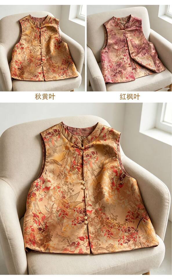Áo gile không tay dệt jacquard họa tiết nổi, dáng rộng, mặc được hai mặt, dài áo 50–65 cm — Lá phong thu + lá vàng thu, mặc được hai mặt, Lá phong đỏ + lá phong thu, mặc được hai mặt, Lá vàng mùa thu + lá phong đỏ, mặc được hai mặt, Đỏ rực + Xanh ô liu, mặc được hai mặt chi tiết 7