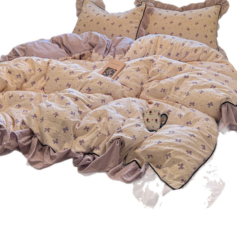 Nordic French Vintage Boho Autumn Winter French Retro A-class Washed Cotton Quilted Cover Four-piece Set With Ruffled Edges, Duvet Cover, Bed_voghion.com