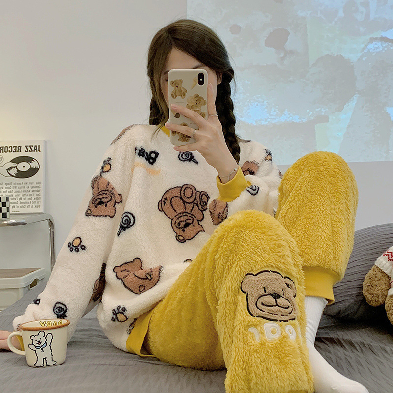 睡衣女秋冬季珊瑚绒加厚保暖韩版束口卡通可爱法兰绒家居服套装女|undefined