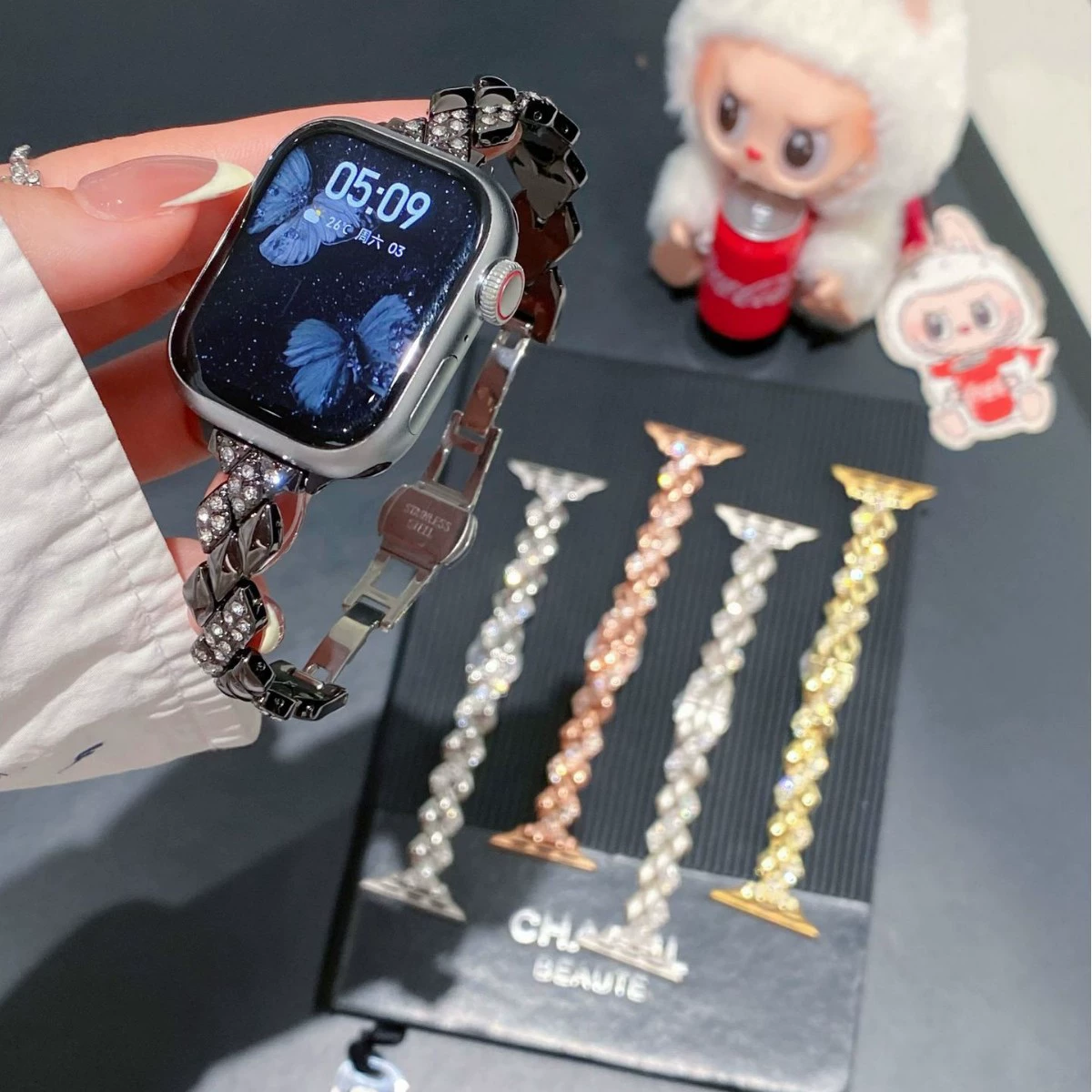 Применимо к ремешку Apple Watch iwatch8/SE, ремешок Xiaomi 8/9/10, змеиная бриллиантовая металлическая лента 20мм, кросс-бордер 22