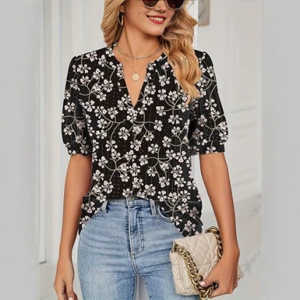 Amazon Europe and America 2026 Cross-Border Summer New Style Mesh Breathable Floral Print V-Neck Elegant Women's Short-Sleeved T-Shirt