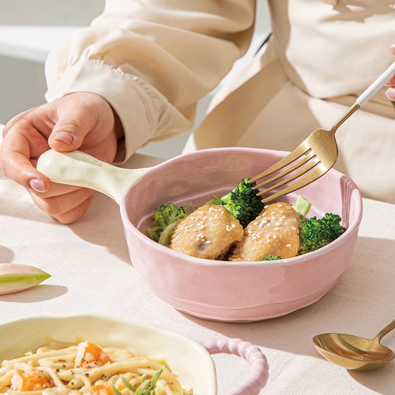 Binaural Soup Bowl Ceramic Household Handle Bowl Baking Baking Bowl Salad Fruit Bowl Ins Soup Bowl Air Fryer Special