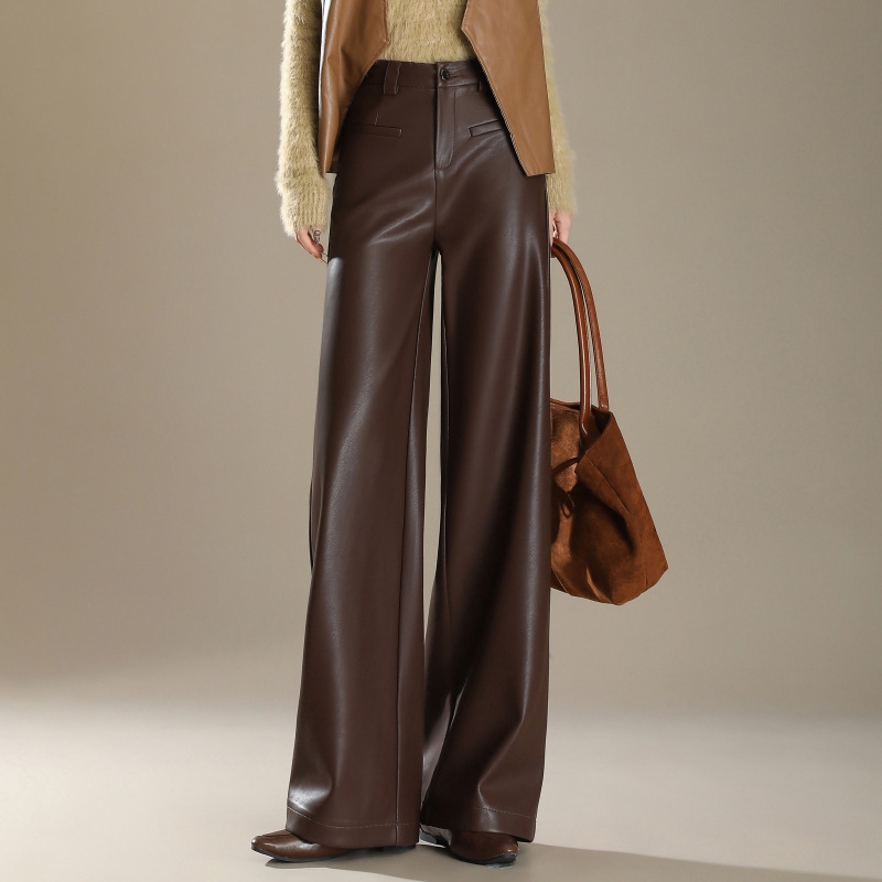 Haining Genuine Sheepskin Wide-Leg Leather Pants for Women Fleece-Lined 2025 High-Waisted Ancora Red High-End Genuine Leather Straight Pants